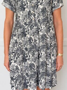 Faherty Gemina Pintuck Mini Dress Navy Cream Floral Short Sleeve Size S